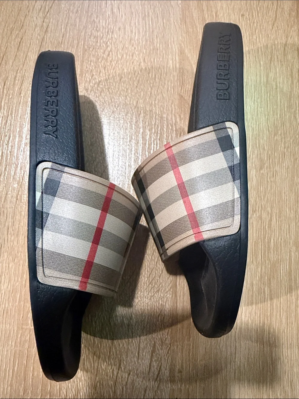 Burberry Black Slides with Signature Beige Check Strap